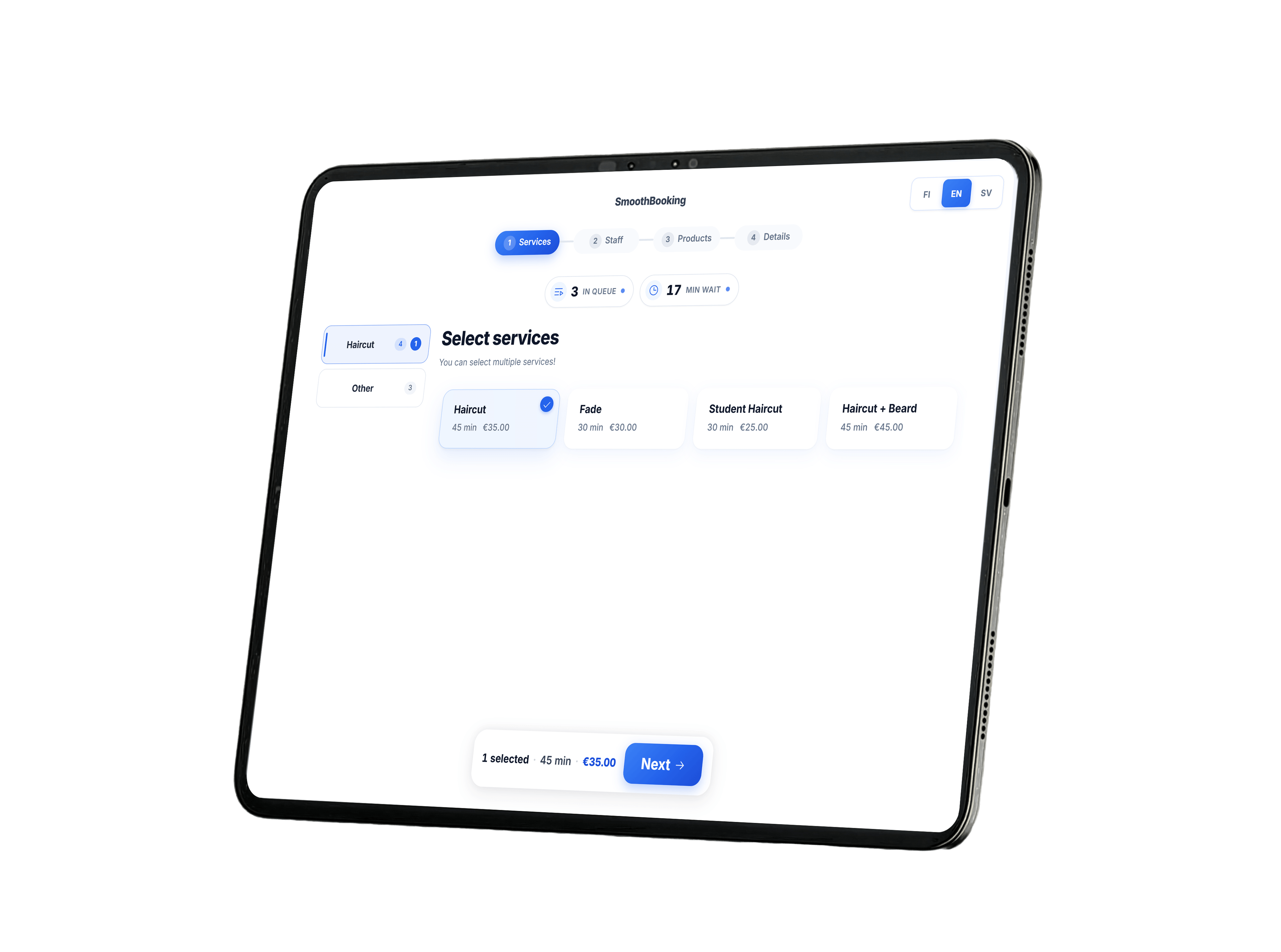 SmoothBooking walk-in-kiosk på en iPad-skärm: kunden väljer tjänst och ställer sig i kön